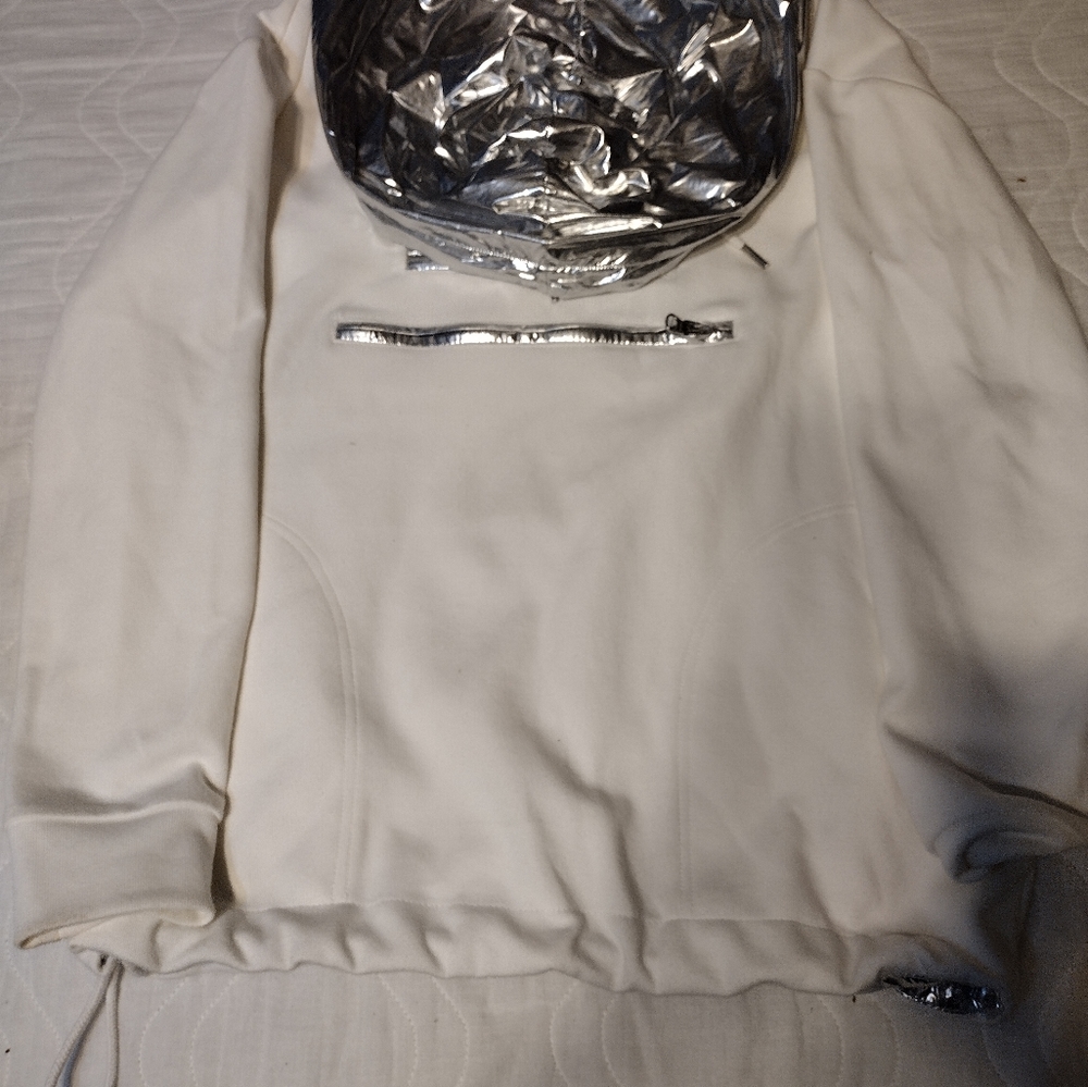 Vintage J. Crew Anorak Hoodie in White & Silver Metallic Zip Pocket Size M